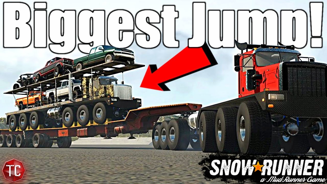 SnowRunner: 12x12 Pulls FULLY LOADED CAR HAULER Down THE BIGGEST JUMP! (Massive Damage)