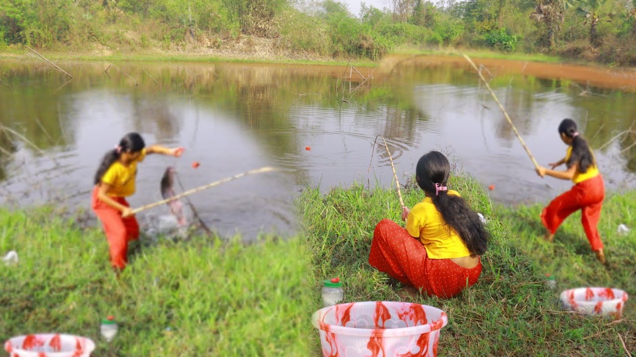 Fishing Video | The village girl got such a big monster fish from the pond that the rod broke |hook