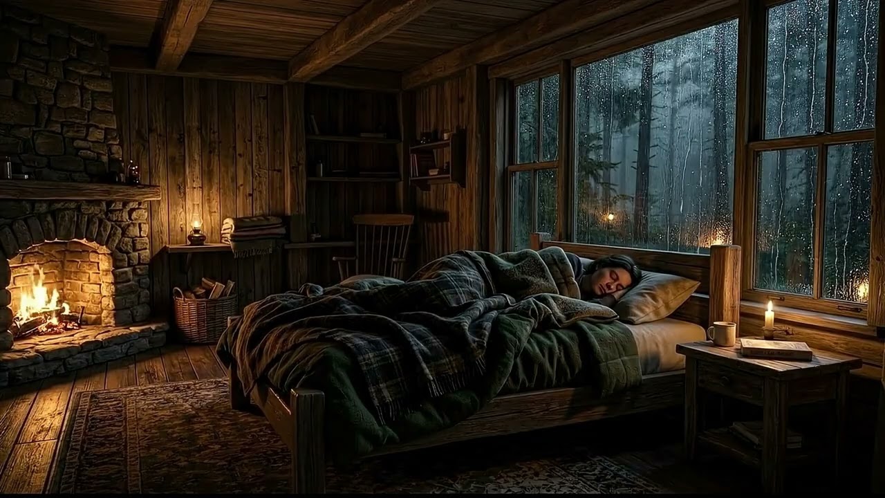 Rainy Night Cabin Ambience with Fireplace Glow and Gentle Rain for Deep Sleep and Relaxation