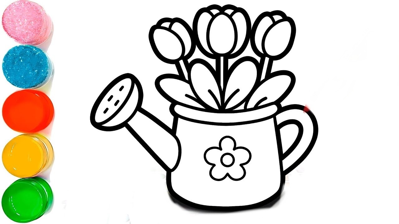 How To Draw a Tulips Flower in Watering Can Drawing | Tulips Flower Drawing For Kids | Cute Flower