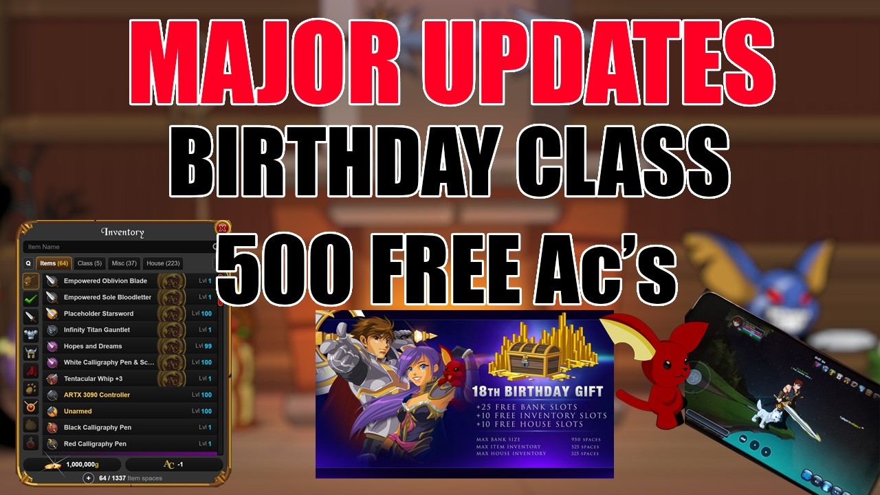 Масштабные обновления в этом месяце! Класс на 18-летие - AQW Mobile - 500 бесплатных AC - Новый и...