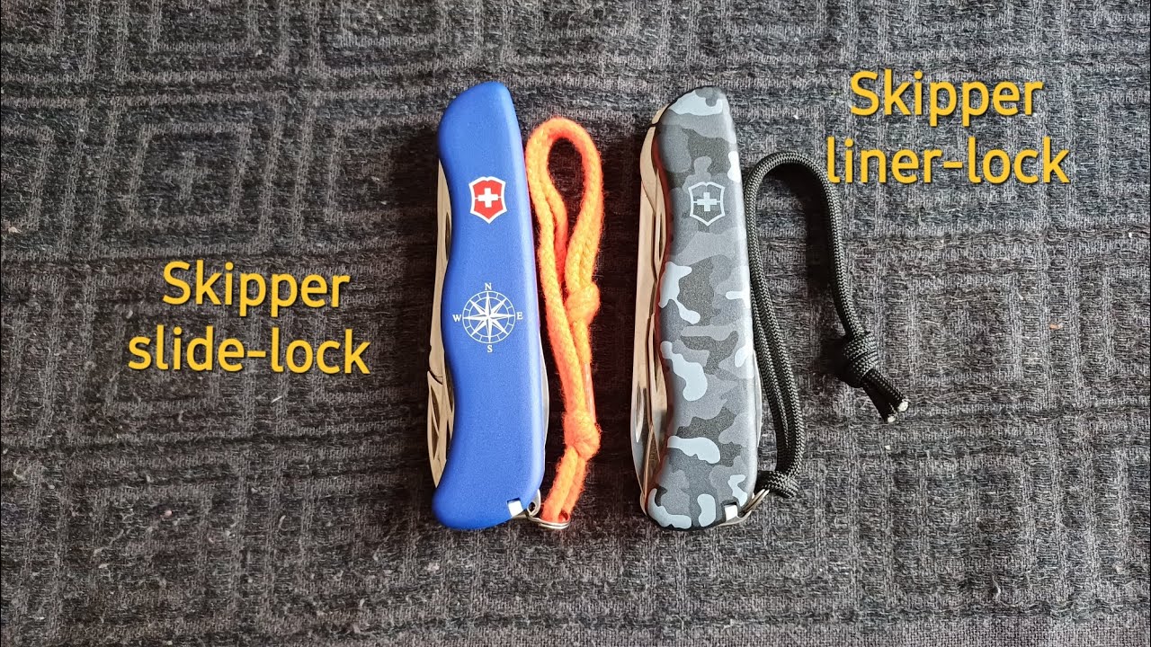 Comparatif des Victorinox 111mm Skipper navy camouflage liner-lock face au Skipper slide-lock.