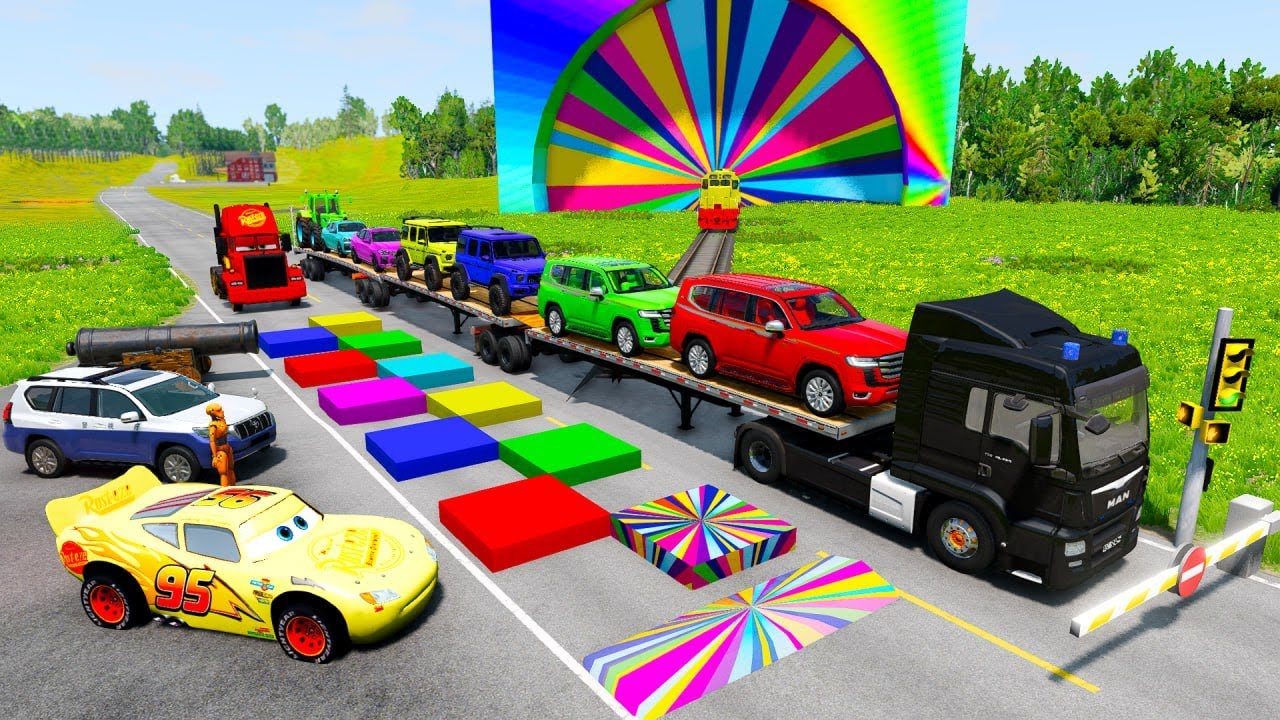TRANSPORTING PIXAR CARS & FRUITS WITH COLORED & JOHN DEERE vs CLAAS vs TRACTORS - BeamNG.drive #983