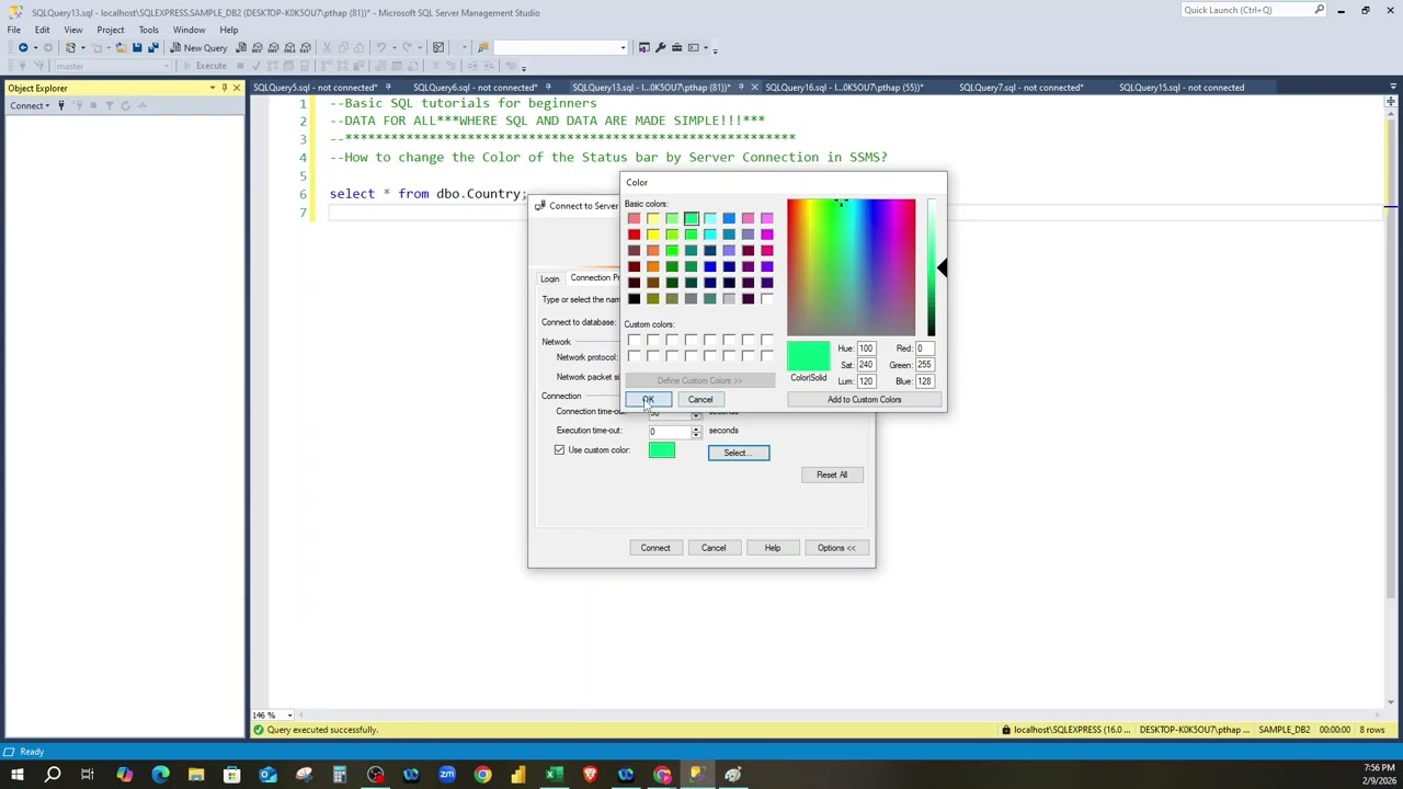 How to Change the COLOR of the STATUS BAR on connection in SSMS