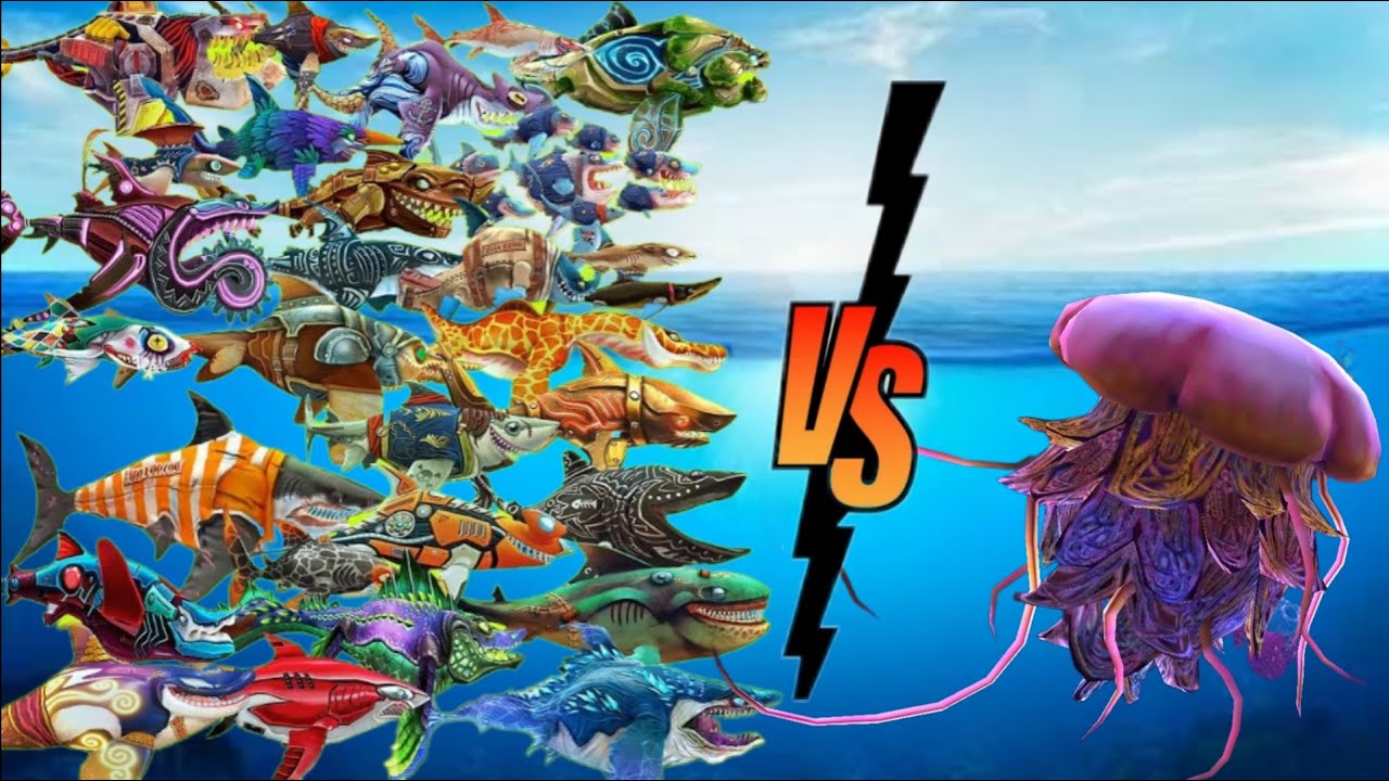 Hungry Shark World - All Sharks & And Skin VS Lion Jelly Fish