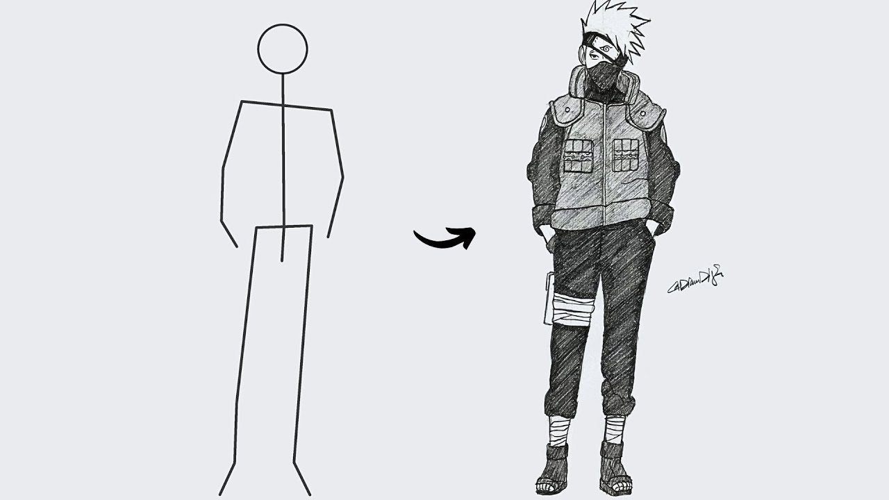 How to draw Kakashi Hatake full body out of Stick man | Easy step-by-step | Naruto