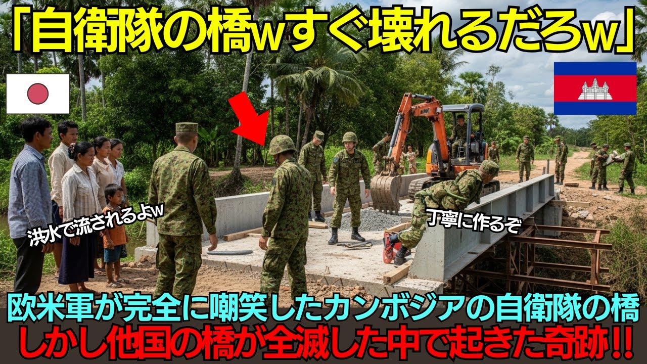【海外の反応】「雨季の最初の洪水で流されるだろうw」自衛隊の橋を完全にバカにした現地住民…しかし他国の橋が全て崩落した中、