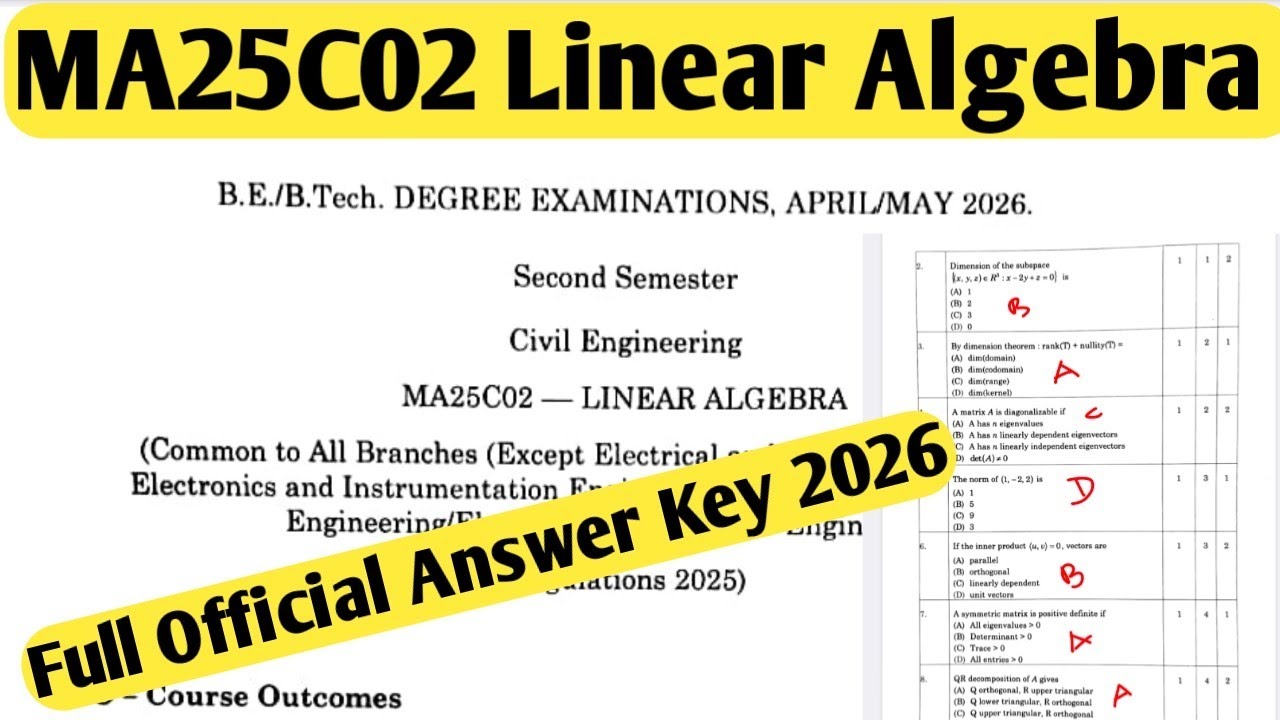 MA25C02 Linear Algebra semester Question paper with answer key 2026 | Full Answer Key | 