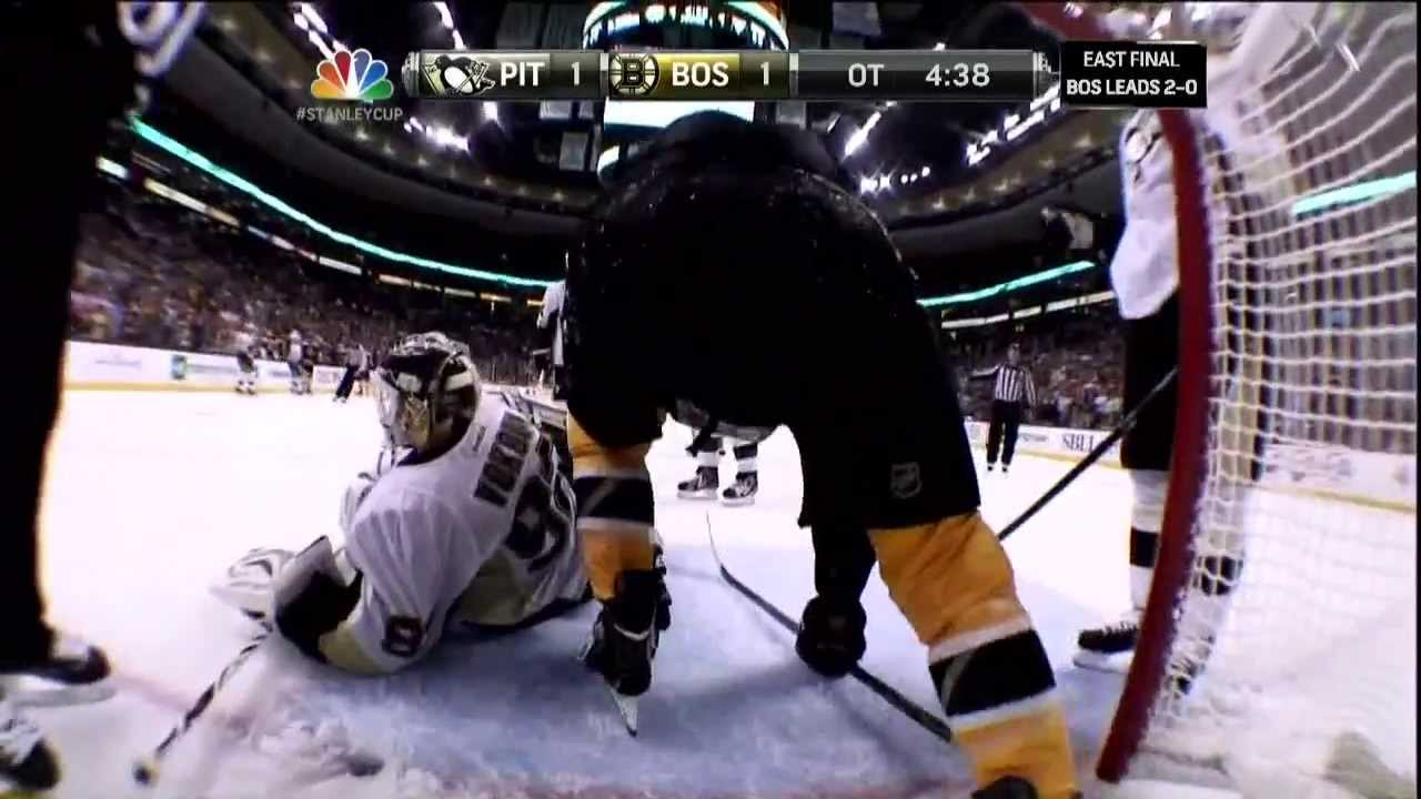 Deryk Engelland trucks Milan Lucic in crease in 1st OT. 6/5/13 Pittsburgh Penguins vs Boston Bruins