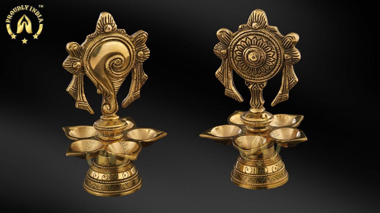 Set of 2 Brass Shangh and Chakra Antique Diya vaishnava Chakra Wick Diya, Brass Antique Deepa
