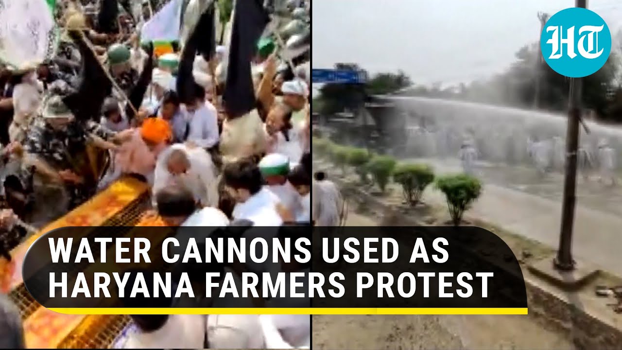 Watch: Farmers attempt to break into Haryana Dy CM's venue at Jhajjhar, face water cannons