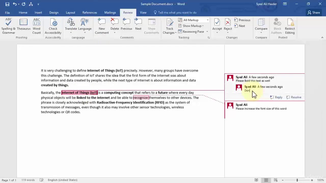 Управление комментариями в Word 2016