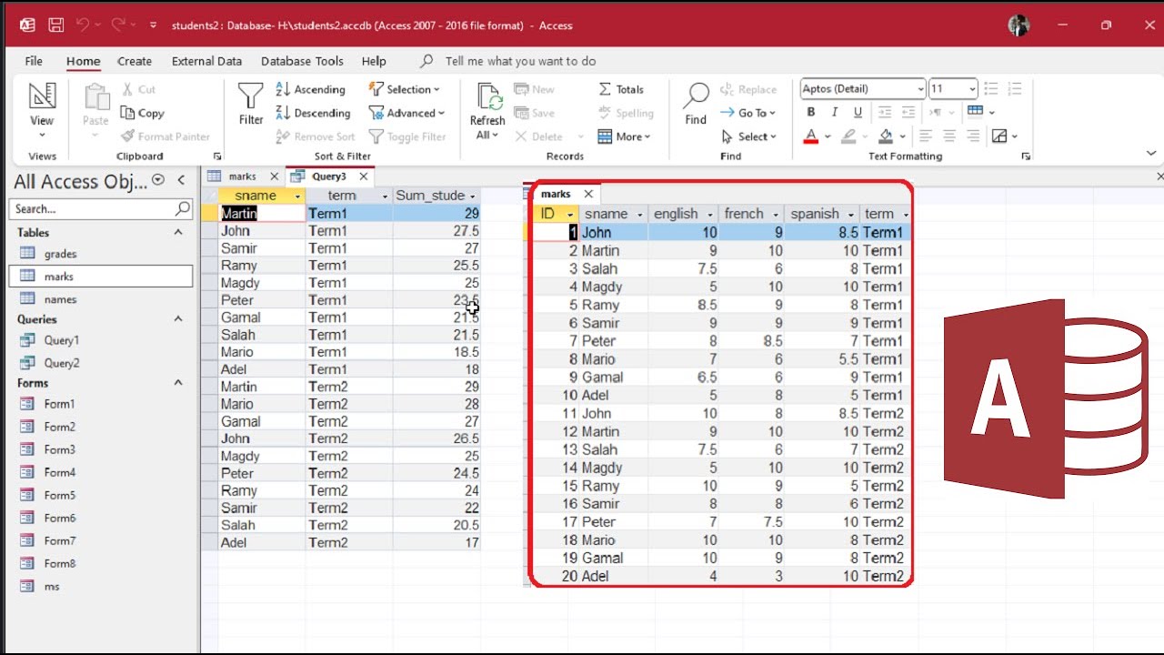 Access Query: Get Total Marks of Each Student by Semester