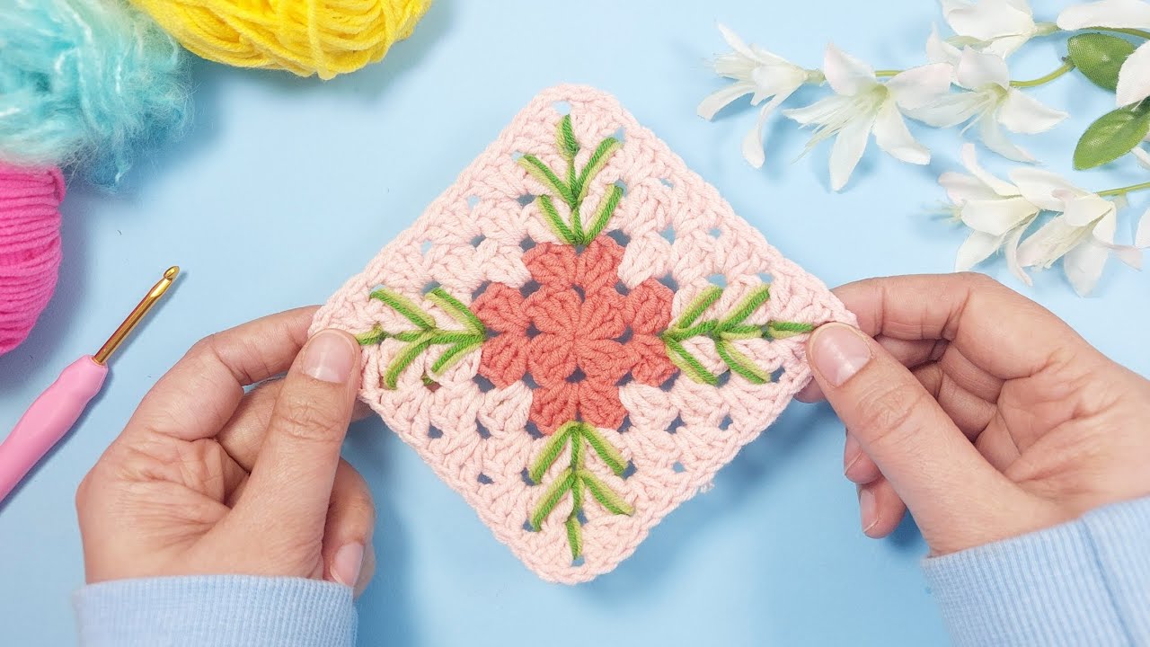 Gorgeous Crochet Granny Square with Embroidered Leaves ☘️