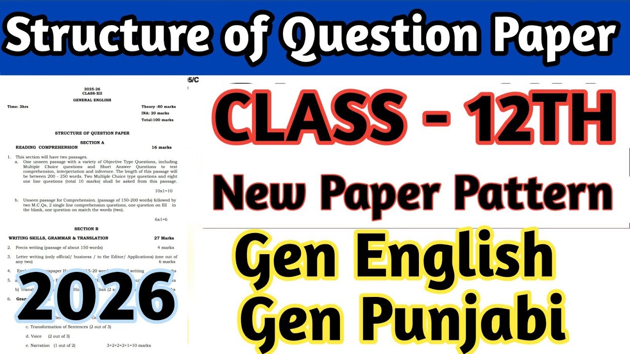 12th Class Structure of Question Paper 2026 | New Paper Pattern class 12th | Pseb Exam 2026