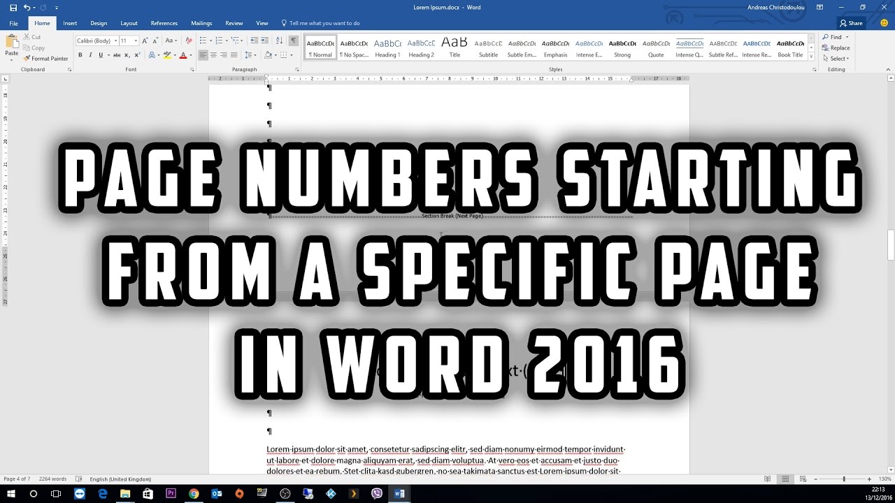 Page numbers starting from a specific page in Word 2016 tutorial for beginners