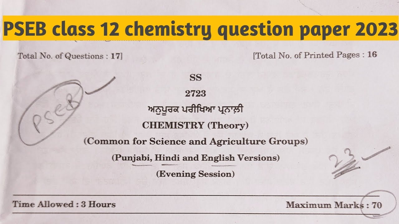 Pseb class 12 chemistry question paper 2023