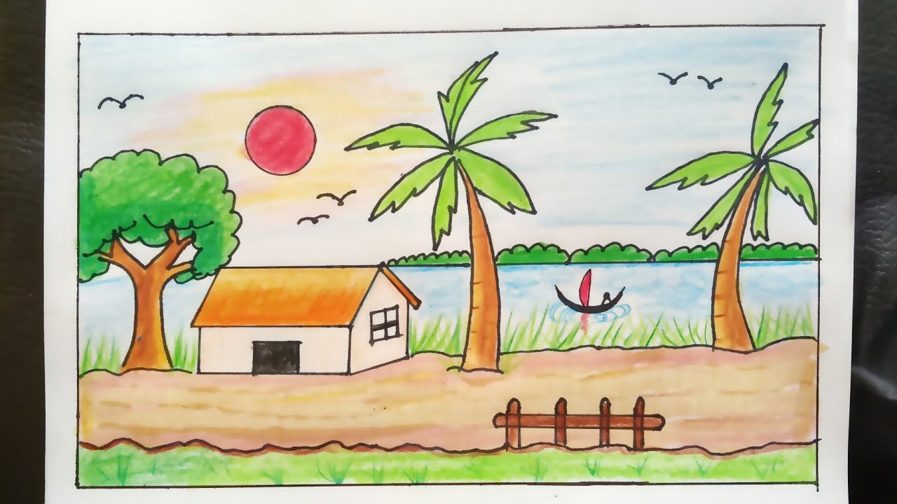 Easy Village Scenery Drawing Step by Step | simple village drawing 