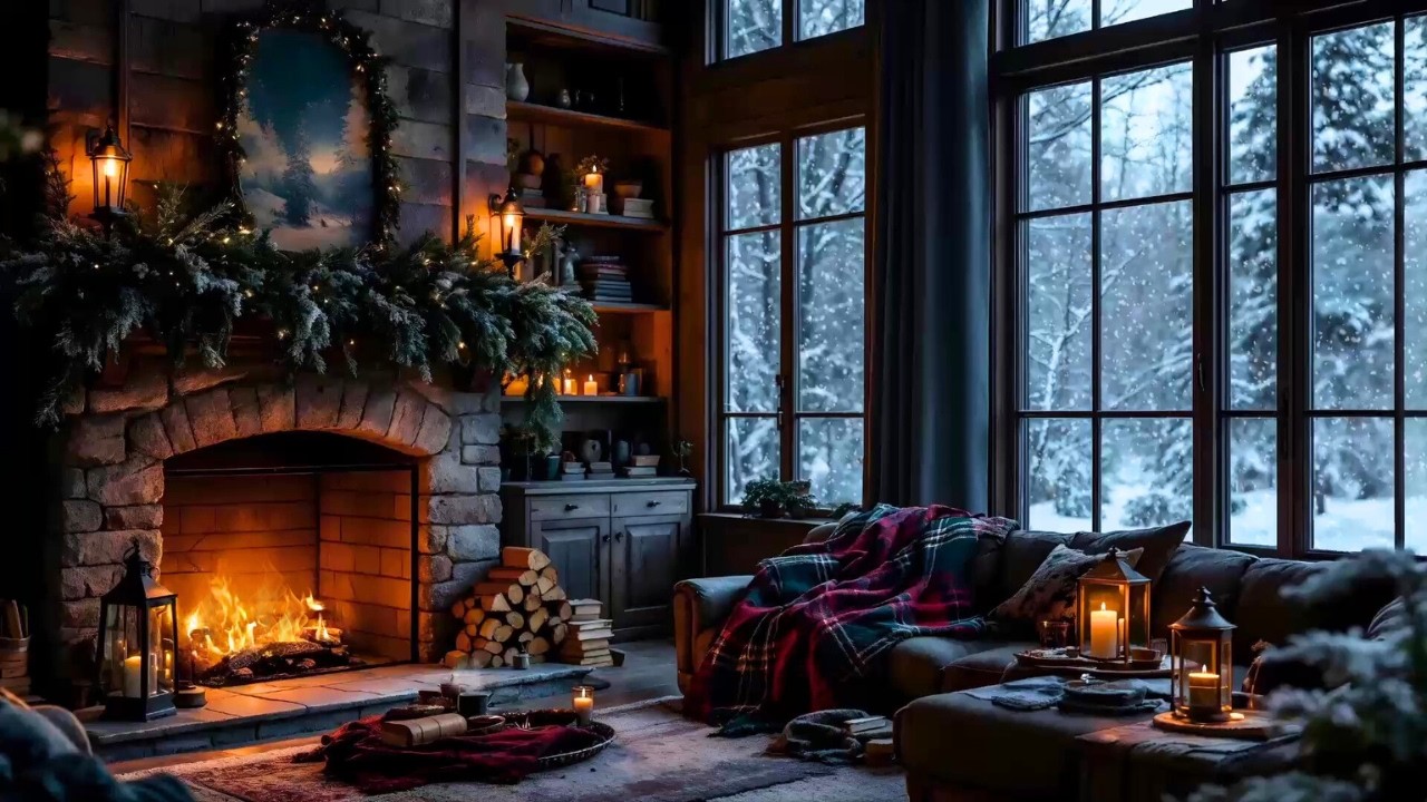❄️Winter Storm Outside: Snow, Gentle Winds & Fireplace Sounds
