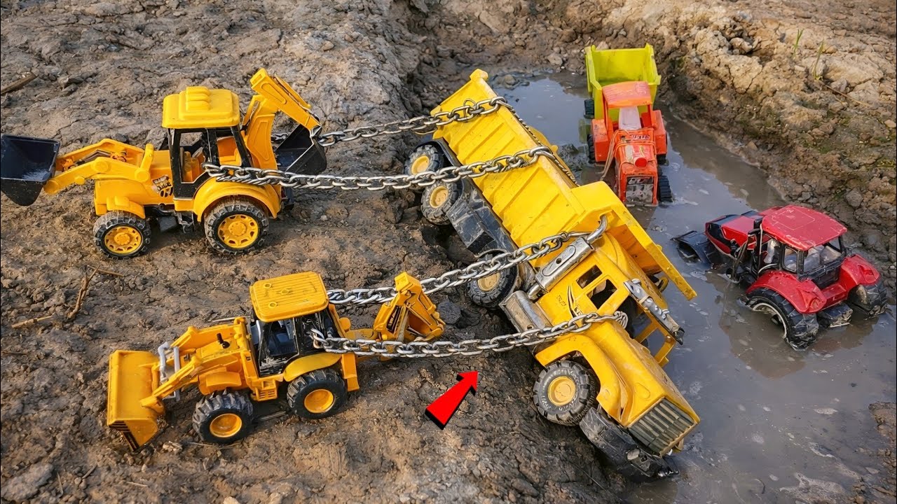 2 Tractors Loaded Truck Overturned in Mud Water | Two JCB Pulled It Out with Chain | JS TOYS