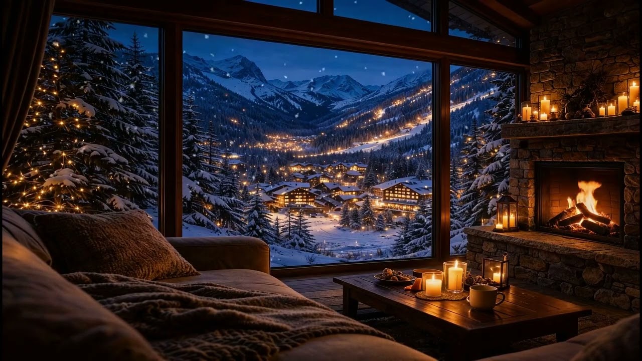 Cozy Fireplace Ambience | Snowfall Outside | Crackling Fire & Candlelight | 4K