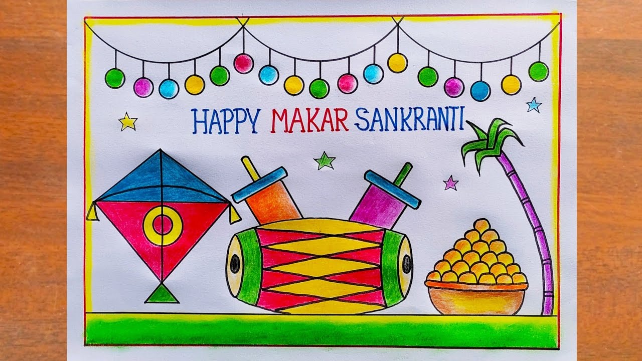 Sankranti Drawing / Makar Sankranti Poster Drawing Easy Steps / Happy Makar Sankranti Drawing