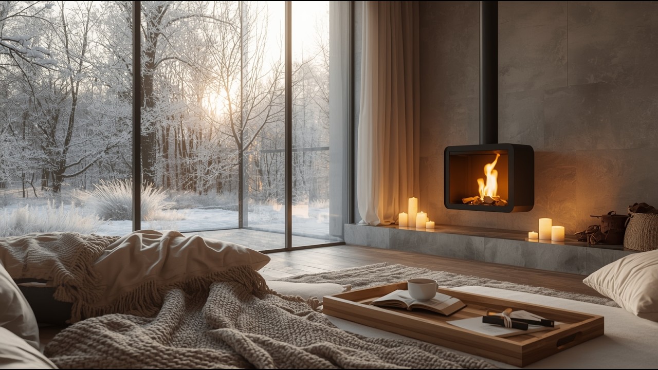 Tranquil Winter Cabin Living Room ❄️ Piano & Fireplace for Stress Relief