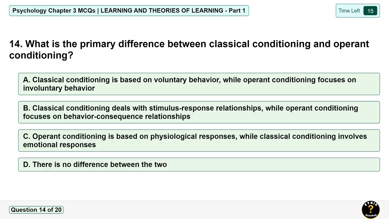 Psychology Chapter 3 MCQs | Learning and Theories of Learning | Multiple Choice Questions - Part 1