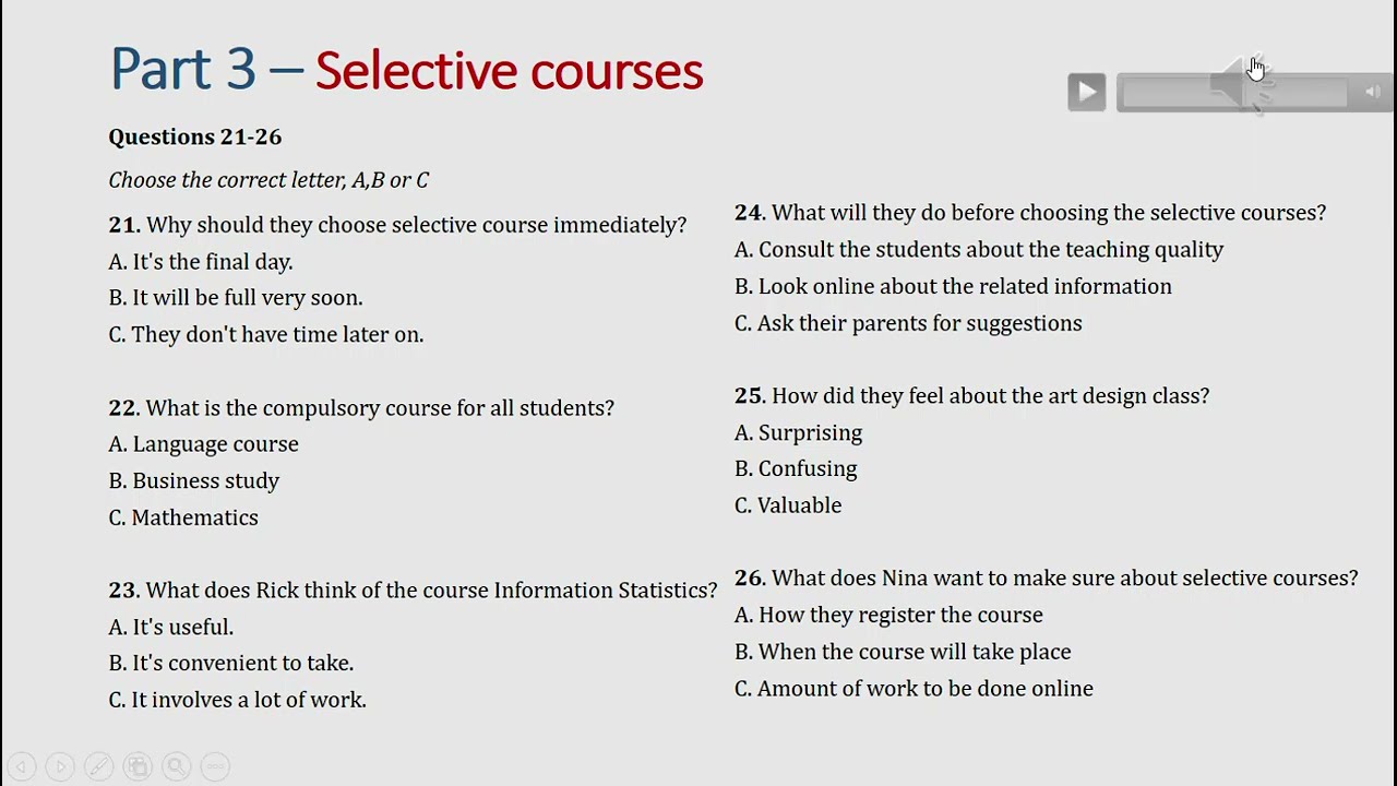 IELTS listening actual test Part 3: Selective courses (answer+ transcript)