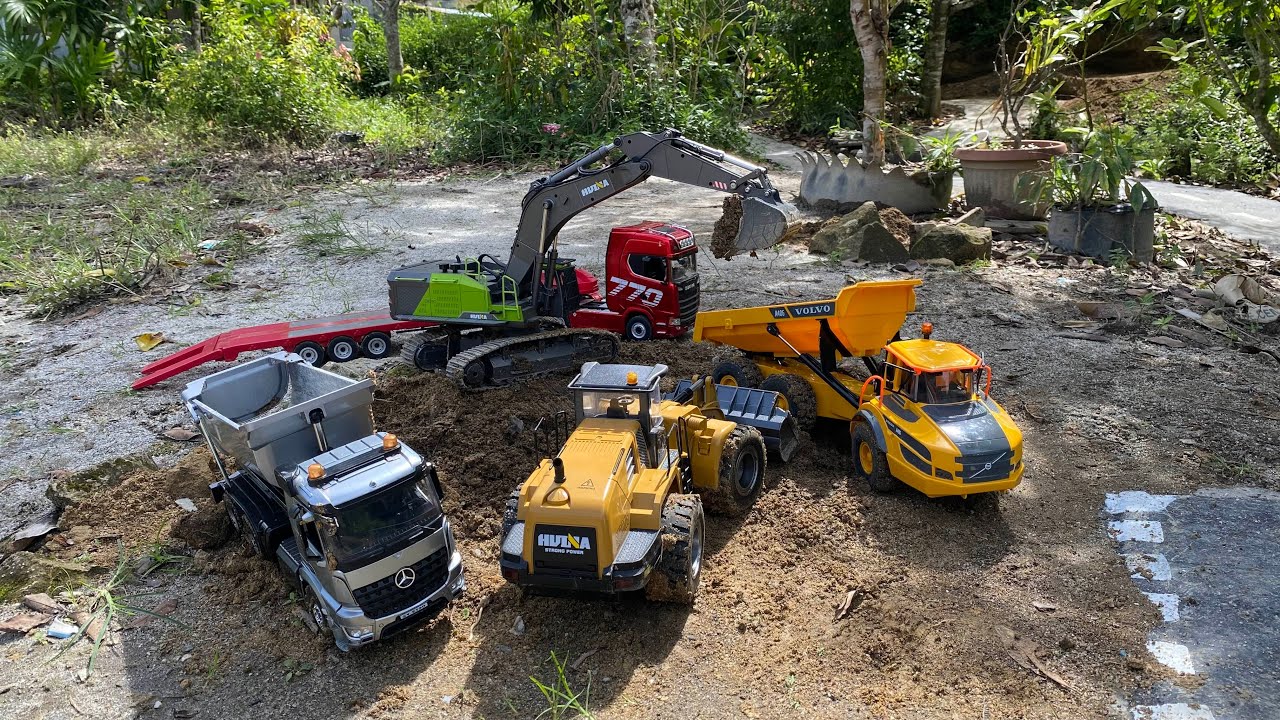 Aksi #85 Dump Truk RC Huina 1598, Huina 1536 Muatan Tanah Merah Bangunan Excavator Besar Huina 1593 