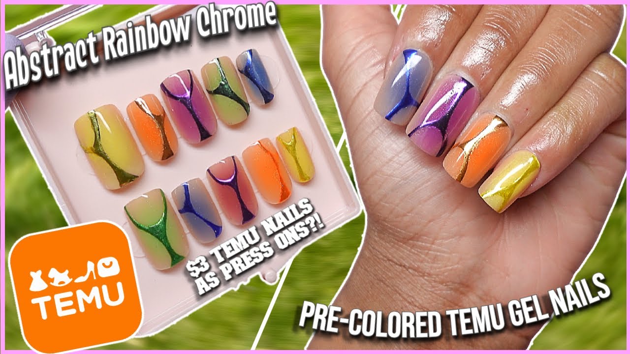 TRYING $3 PRE-COLORED GEL NAILS FROM TEMU | RAINBOW CHROME ABSTRACT NAIL ART | SHORT PRESS ON NAILS