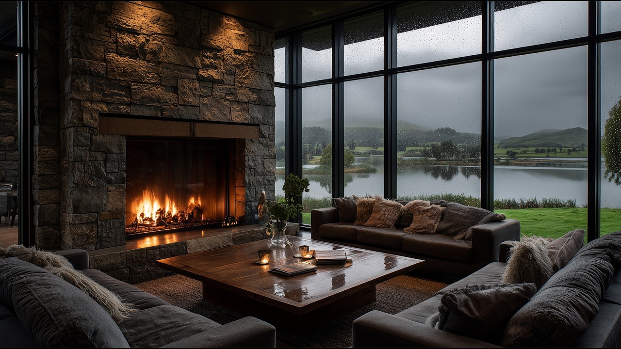 Southern Lake Stone House — 4K Relaxing Loop | Rain, Warm Fire, Soft Ambient Motion