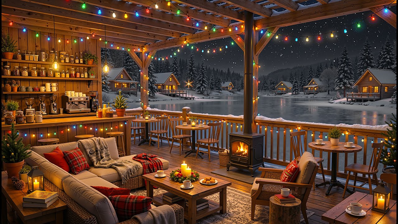 Cozy Winter Night at a Lakeside Coffee Shop ⛄ Relaxing Jazz & Fireplace Sounds for Focus