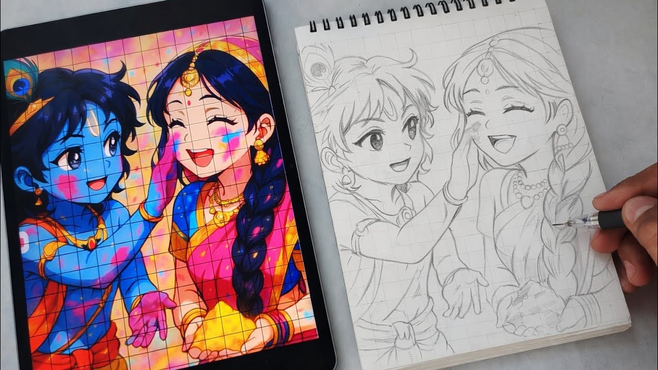 How to Draw Cute Anime Radha Krishna 😍 | Step-by-Step for Beginners