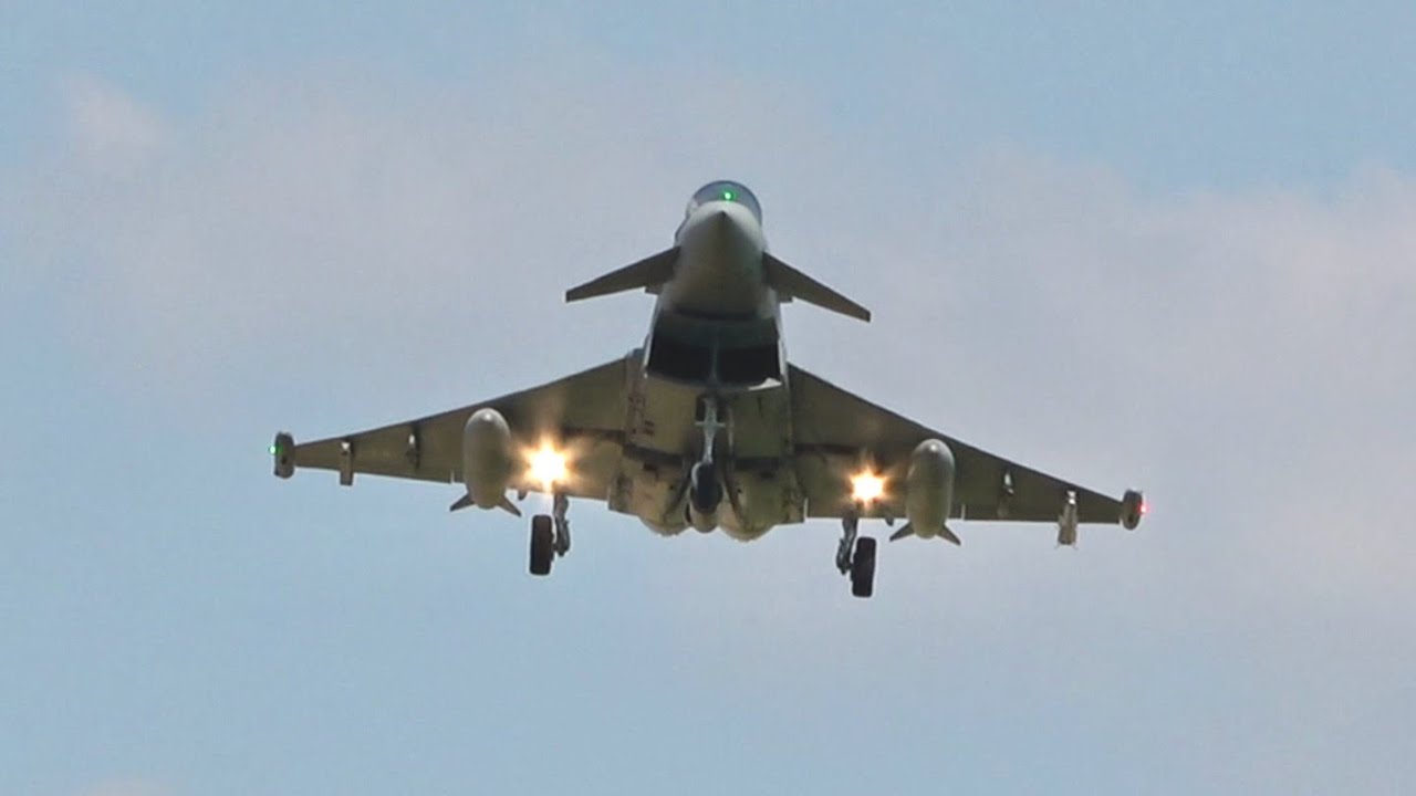 3 Eurofighter Typhoon German Air Force Luftwaffe overhead approach at N&ouml;rvenich AirBase ETNN