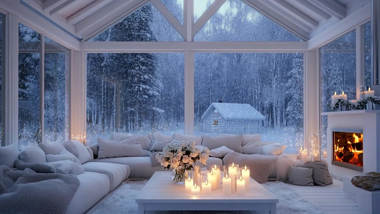 🌙🎹 Snowy Night Piano Lounge | Warm Fire, Snow & Winter Flowers For 4 Hours | Sleep Study Relax