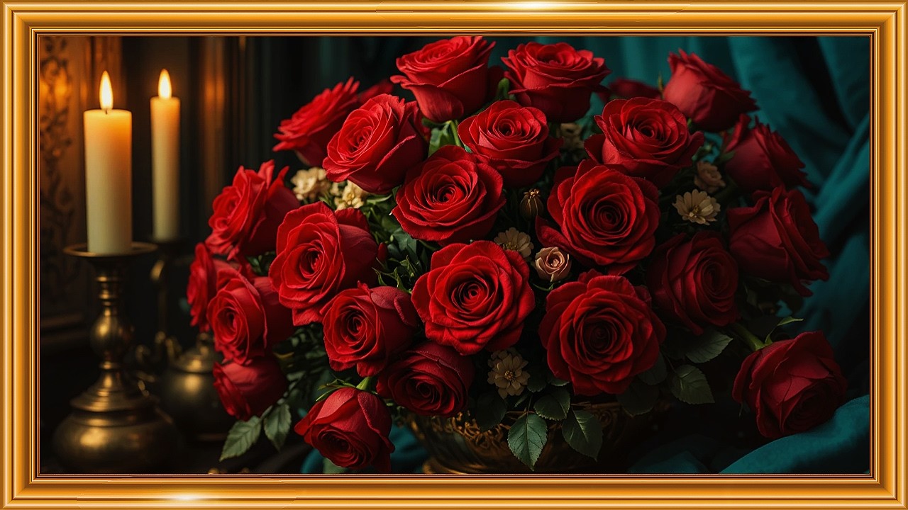 Luxurious Red Roses with Gold Leaf 🌹✨ Ornate Vase | Baroque Chiaroscuro Art 4K