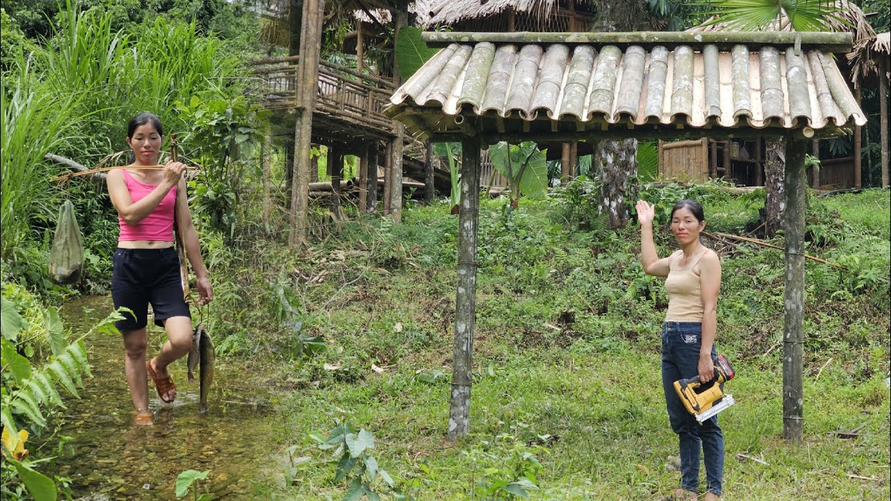 The girl went into the stream to catch fish to grill and eat, and built a bamboo gate, daily life
