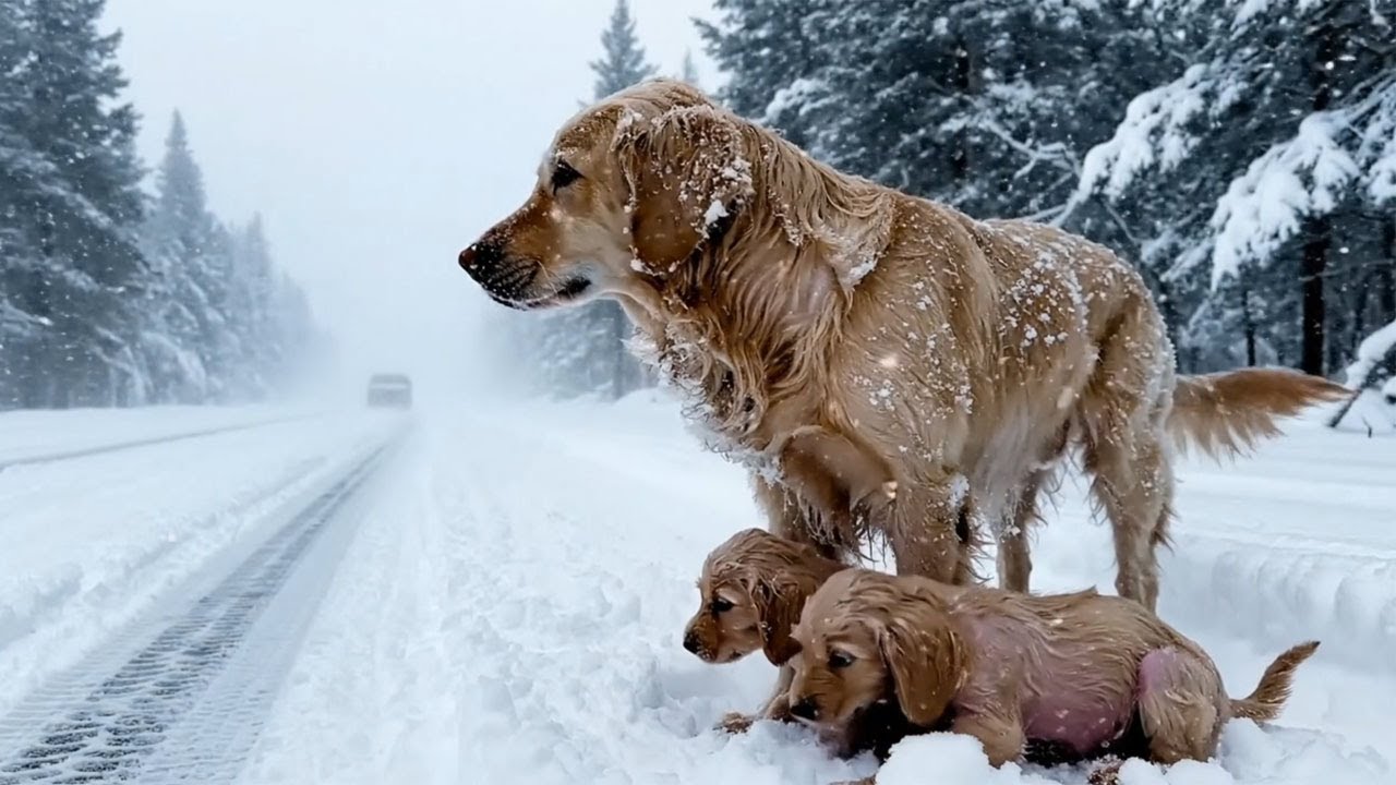 The poor mother dog and her two puppies stood in the middle of a strange road. They were abandoned.