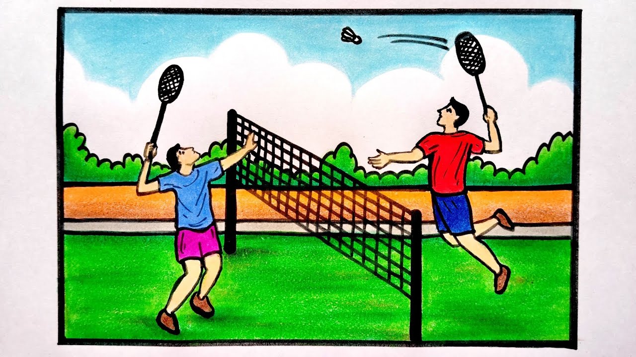 Boys Playing Badminton 🏸 Drawing || Badminton Players Drawing || How to Draw Badminton Players