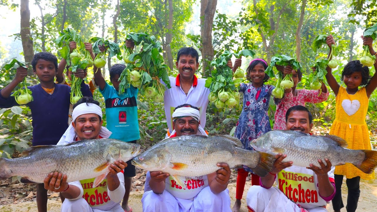 Big size Vetki Fish with Winter Vegetables & Chicken curry cooking for village people