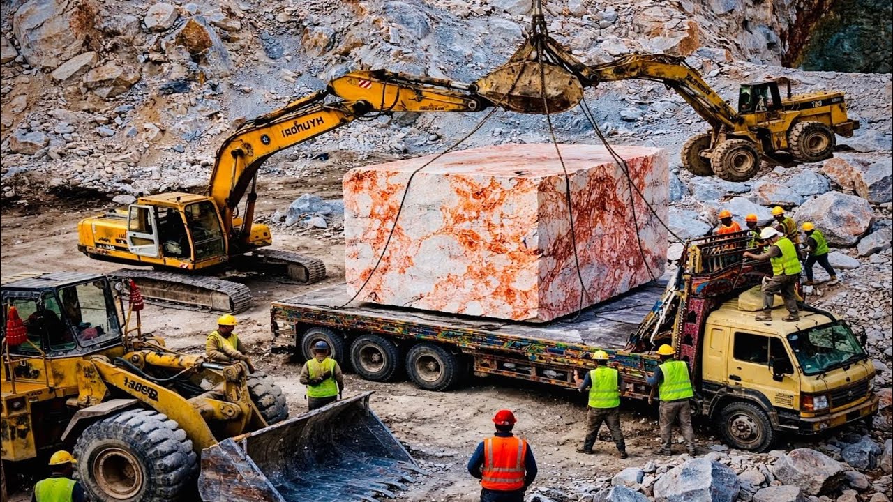 Massive Loader Loading Huge Marble Blocks, Truck Transport & Factory Cutting Process