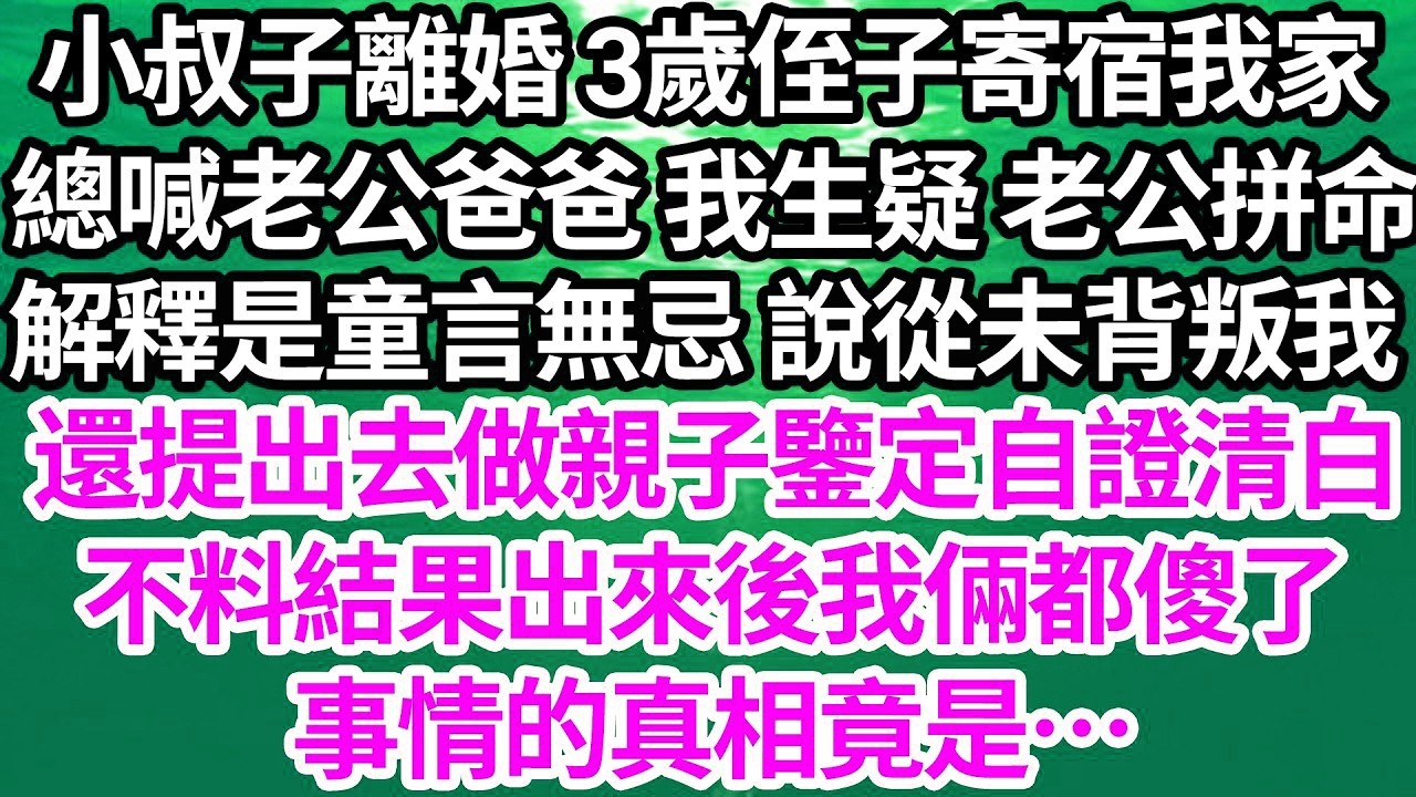 小叔子離婚，3歲侄子寄宿我家，總喊老公爸爸 我生疑 老公拼命，解釋是童言無忌 說從未背叛我，還提出去做親子鑒定自證清白，不料結果出來後我倆都傻了，事情的真相竟是…【倫理】【都市】