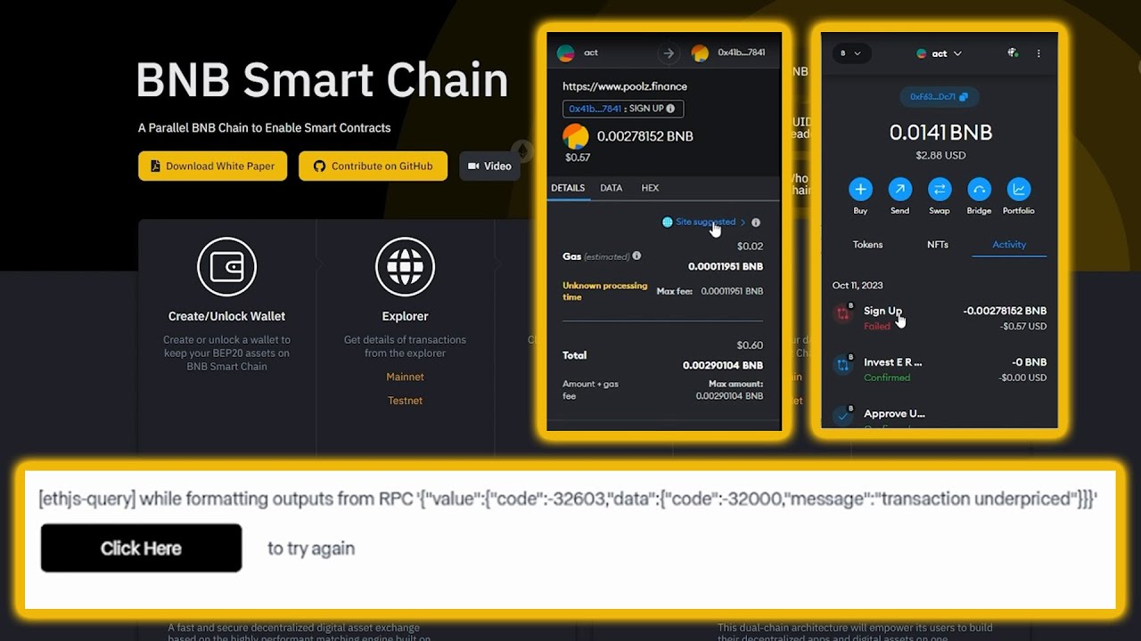 BNB chain error | JSON-RPC error | Transaction under-priced