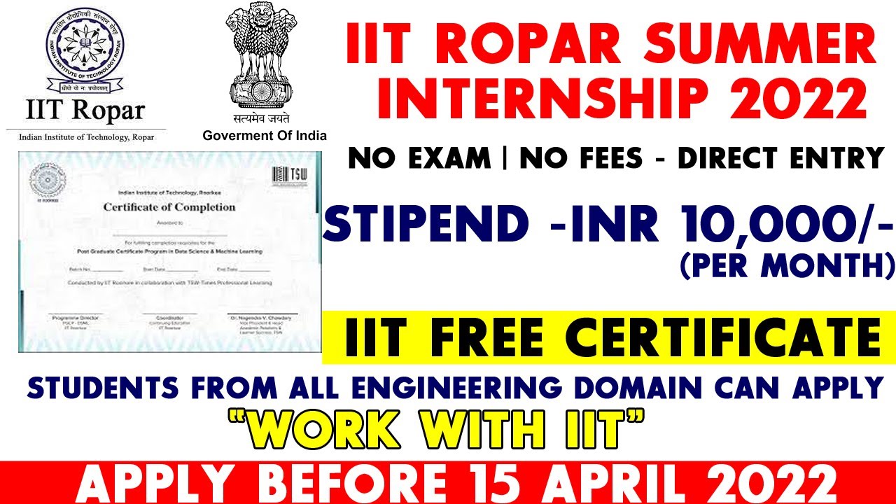 IIT Ropar Online Internships 2022 | Free Training Certificate | Summer Internship For Students