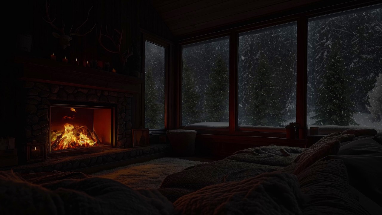 Tranquil Winter Night in a Remote Snowy Cabin with Crackling Fire and Snow Sounds for Calm Focus