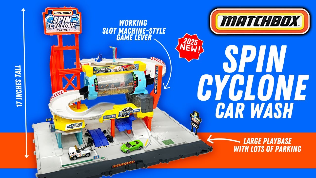2025 Matchbox Spin Cyclone Car Wash: Multi-level playset w/unique spinning game-style wash station