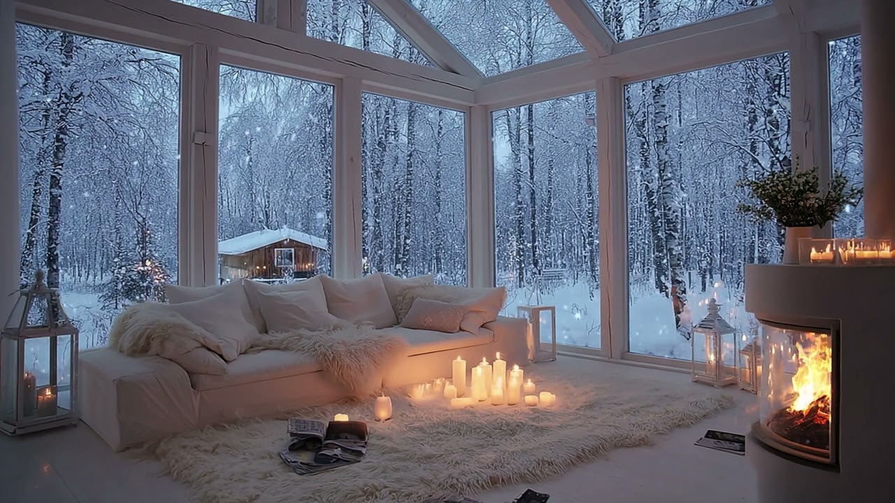 Winter Piano White Room ❄️ Snowy Window & Fireplace for Chill Study and Calm Meditation