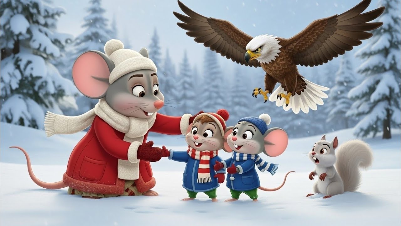 Mama Mouse and Her Two Baby Mice Save a Squirrel from an Eagle