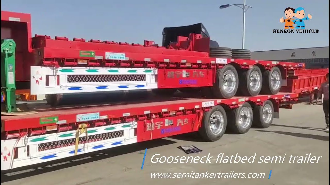 China Genron Vehicle//3 Axles Gooseneck Flatbed Trailer Semi Remorque Plateau With FAW Truck